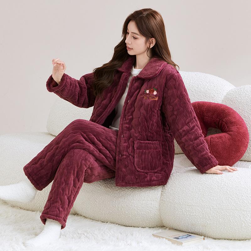 Damen Winter-Schlafanzug, dreilagig gesteppt mit Baumwolle und Fleece für Wärme, große Größen können auch draußen getragen werden, niedliche Korallfleece-Loungewear