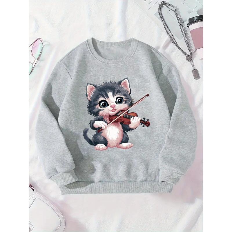 Girls' Round Neck Sweatshirt Featuring A Cat Playing The Violin, Dated August 21, 2024