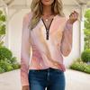 Women Plus Size Half Zipper Round Neck Long Sleeve Green Abstract Printed T Shirt