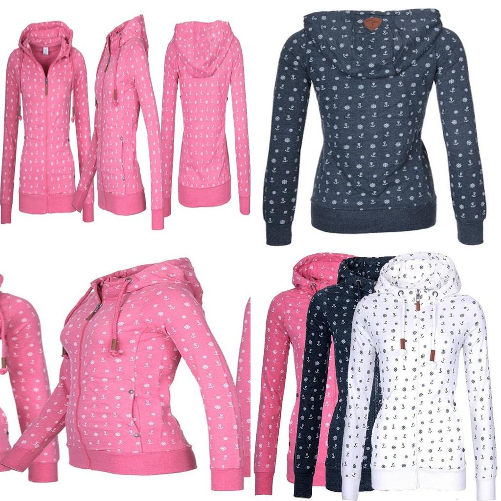 Luxuriöser und weicher Damen-Kapuzenpullover aus Fleece mit Seeanker-Print und Reißverschluss