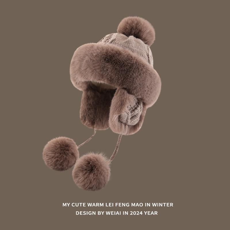 

Шапка Женская Новая Милая Меховой Помпон Пушистая Шапка Лей Фэн Осень и Зима Теплая Защита Ушей Красная Вязаная Снежная Шерстяная Шапка M（56-58cm）