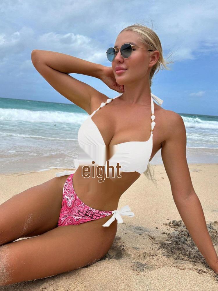 

2024 Европейский и американский купальник бикини с бандажной повязкой - Женский новый принт Medium белый