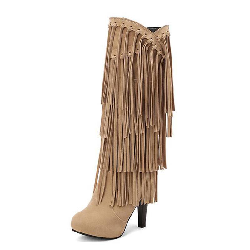 High-Heeled V Mouth Fringed Women's Boots Round Toe 10cm Square Heel High Tube Boots Fashion Sexy Flock Women Shoes Size 34-39