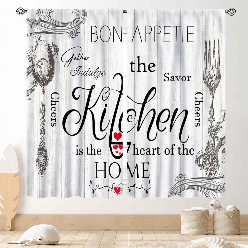 Retro Tableware Kitchen Text Curtain Panels,Distressed Wood Fork Spoon Sweet Home Slogan Full Print Drapes For Bakery Cafe Decor