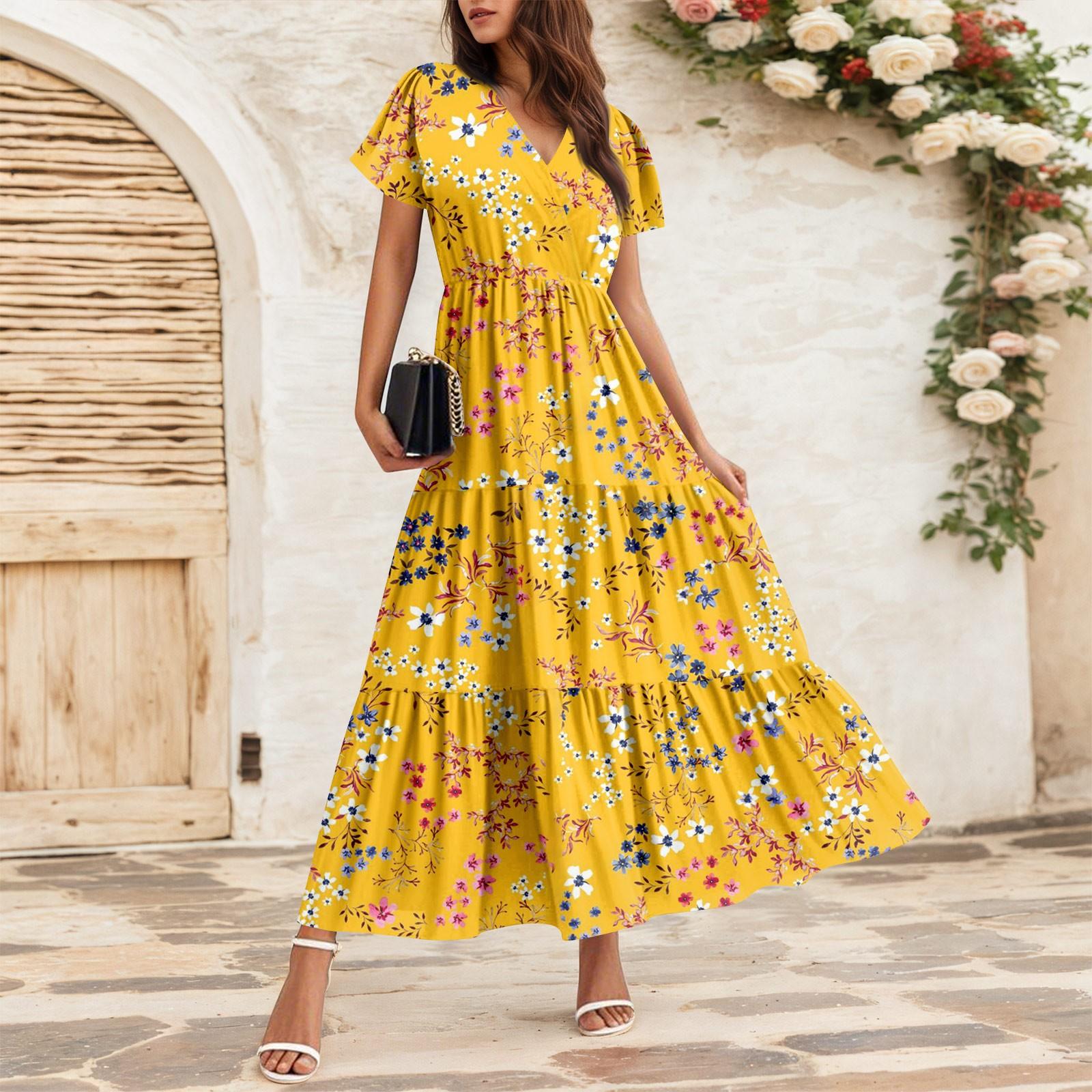 

Женские струящиеся платья Женские летние платья Повседневные платья макси с коротким рукавом Официальные платья макси XXL жёлтый