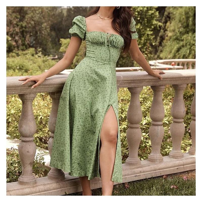 French Floral Print Sleeveless Midi Dress With Side Slits For Summer Casual Women