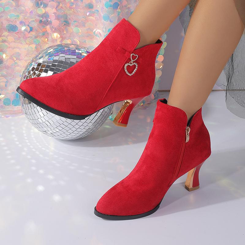 New thin-heeled mid-heeled pointed fleece boots and bare boots in autumn and winter, short tube, solid color high heel.