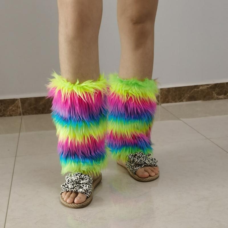 Winter 80s Furry Long Socks Leggings Cover Leg Warmer Punk Boots Socks Plush Vintage Rainbow Warm Boot Cuffs Leg Cover