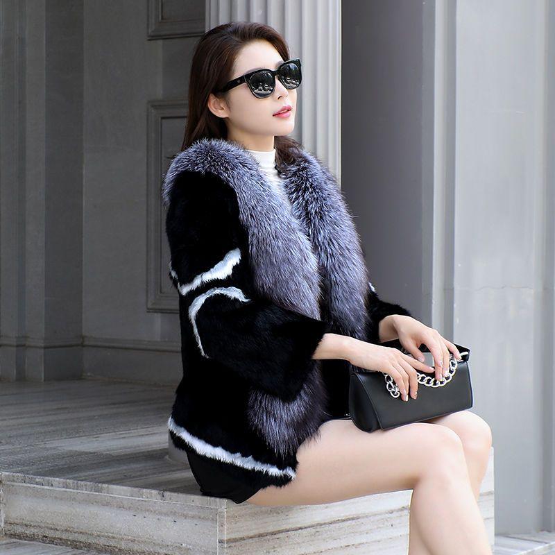 Women Winter 100% Real Rabbit Fur Coat With Silver Fox Fur Collar Natural Warm Rabbit Fur Jacket Female Quality Real Fur Coats