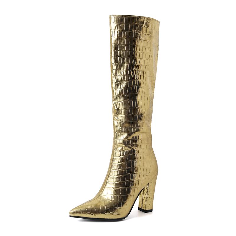 

Crocodile Tall Boots For Women Metallic Gold Silver Knee High Boots Chunky Heels Shoes Pointed Toe Autumn Winter Footwear 33 золотой