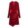 Women Short Dress V Neck Long Sleeves Pleated Pure Color Slim Fit Sheath Irregular Hem OL Commuting Party Prom Mini Dress Evening Events