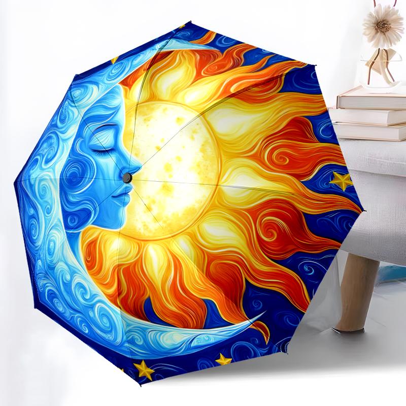 1pc Sturdy 8-Bone Auto Umbrella, Sun and Moon Umbrella, Digital Printed, Foldable Umbrella for On-the-Go Outdoor Use