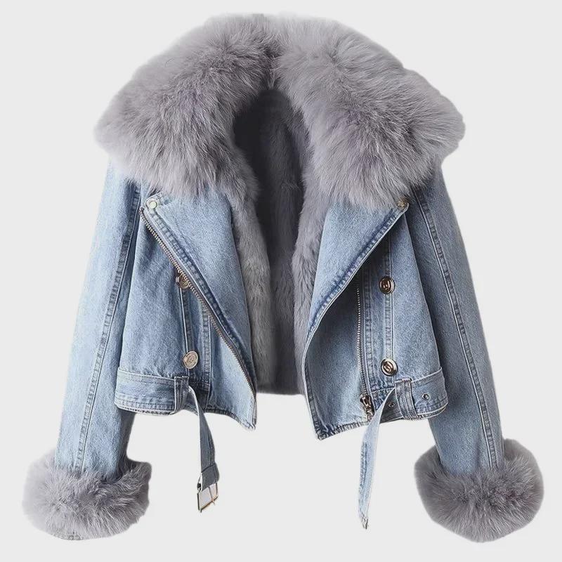 2025 Autumn/Winter Women's Denim Jacket with Detachable Faux Rabbit Fur Liner