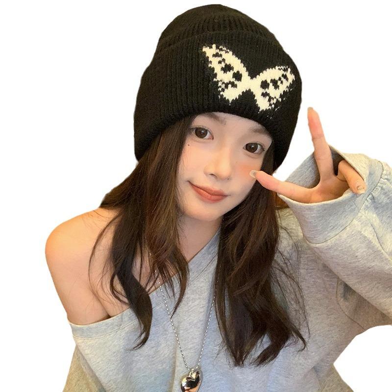 Butterfly Black Knitted Hat for Women Autumn and Winter Warm Street Versatile Face Showing Small Pullover Hat Cold Hat Trend