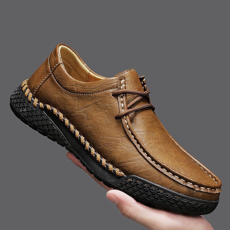 Men's Hand-Stitched Leather Casual Shoes - Four Seasons, Low-Top, Large Size, Outdoor Hiking Style