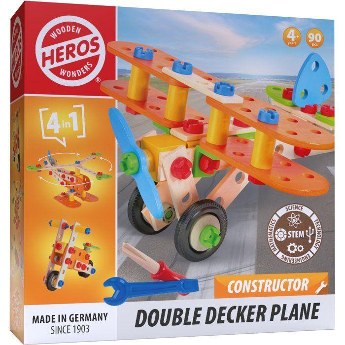 HEROS Constructor - Avion Biplan à construire - En bois 100 % certifié FSC® - 90 pièces - Dès 4 ans