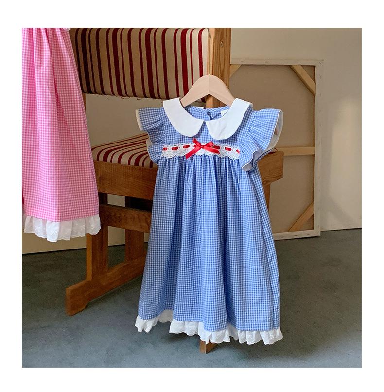 Summer 2025 Girls  Plaid Dress with French Peter Pan Collar, Lace Trim, Flutter Sleeves & Bowknot 90 cm
