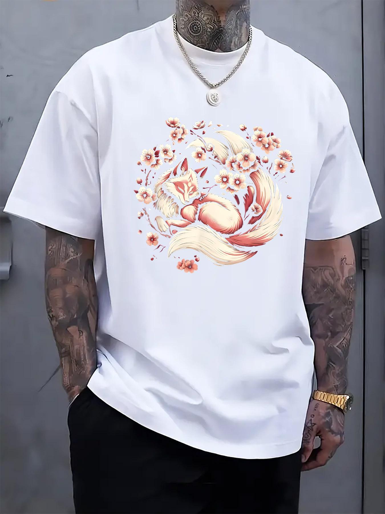 Casual Floral Fox Print Tshirt – Short Sleeve Crew Neck M