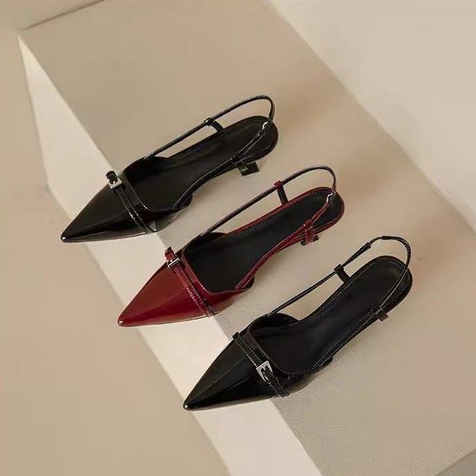 Retro Thin Heel Empty Single Shoes Burgundy Temperament Pointed Head Patent Leather Medium Heel Bag Head Sandals Women's 2025 Winter New Models