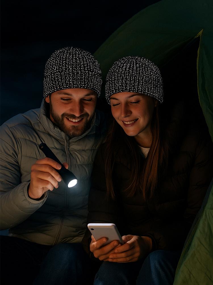 Reflective Silk Fabric Beanie Women's Warm Knit Hat Personality Outdoor Camping Headwear Night Safety Solid Color Cap