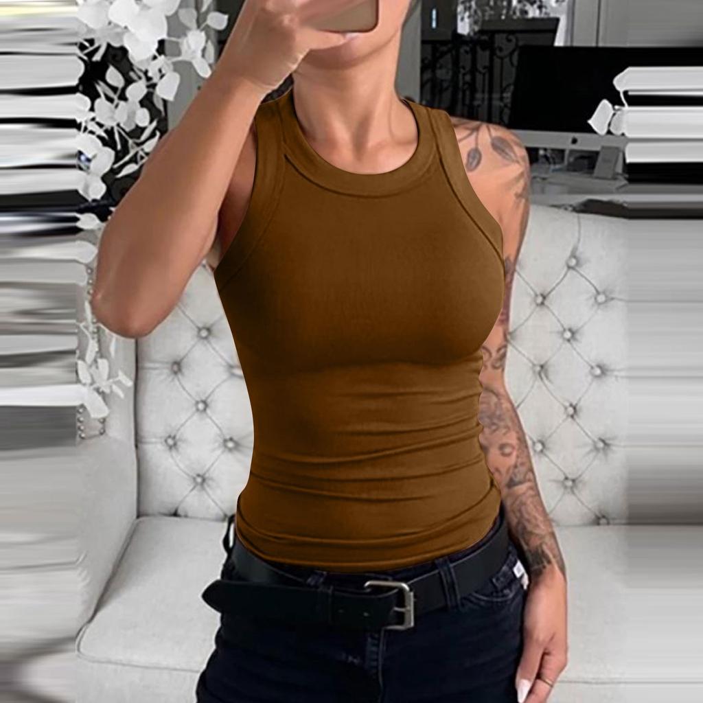 Women's Summer Fashion Casual Solid Color Round Neck Sleeveless Top Tight Tank Top