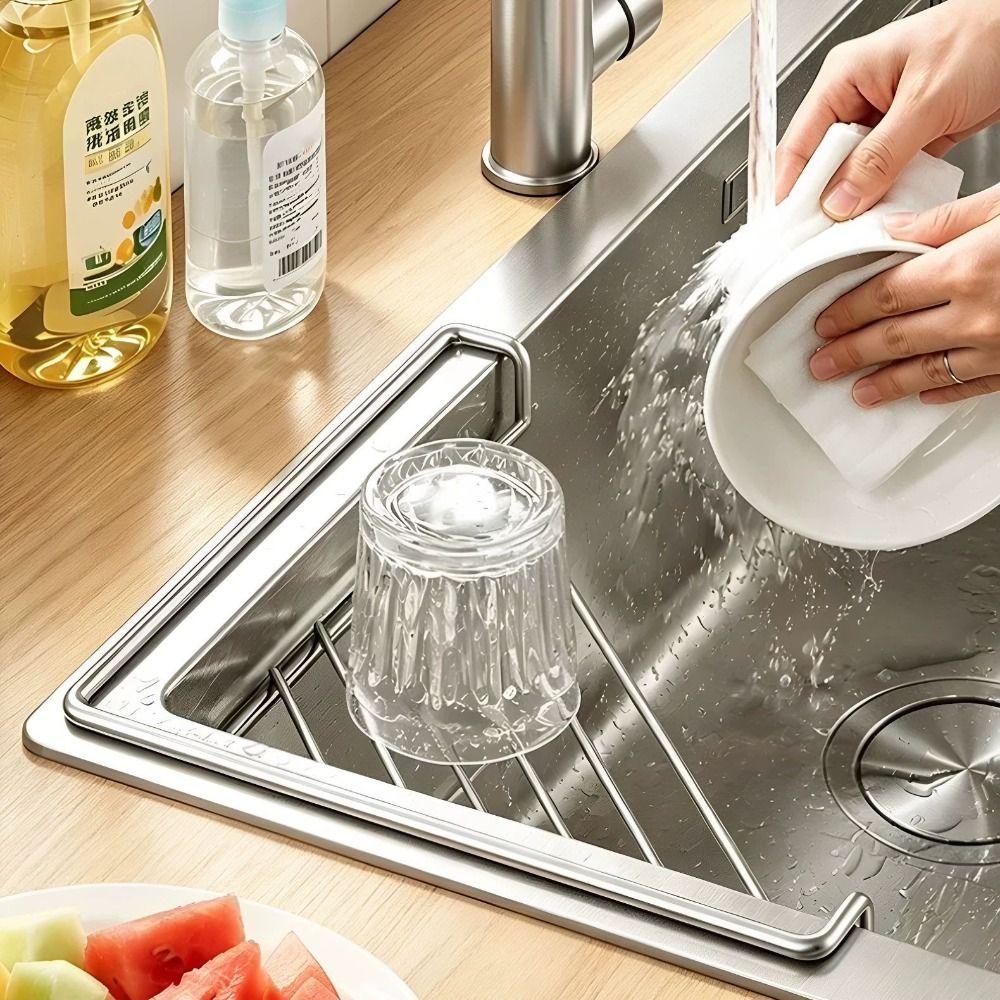 Stainless Steel Sink Corner Rack Anti-rust Punch-free Dish Drying Rack Quick Water Drainage Hollowed Dishcloth Sponge Stand