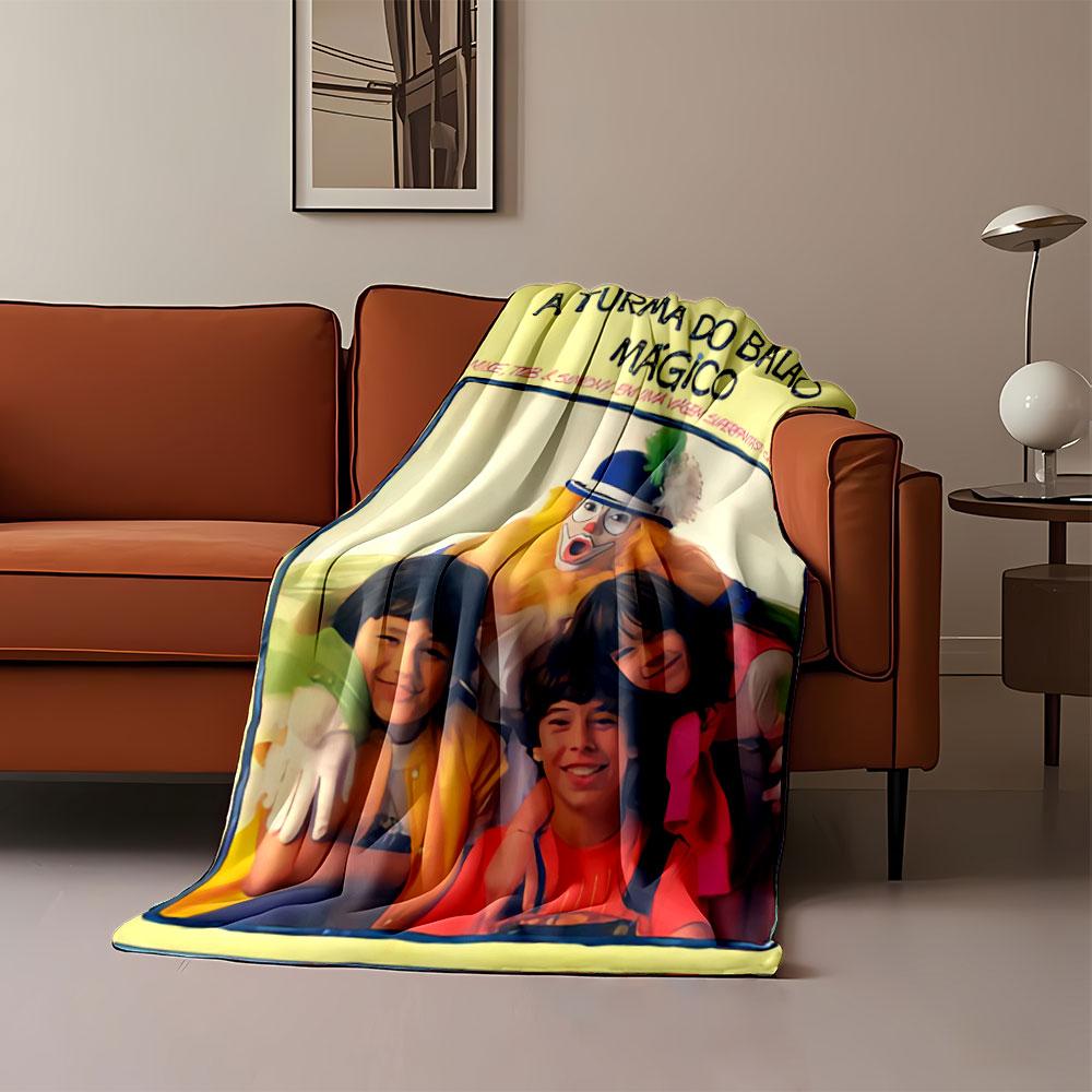 A clown with children smiling and hugging in a colorful, cheerful setting. for all seasons blanket lunch break throw gift