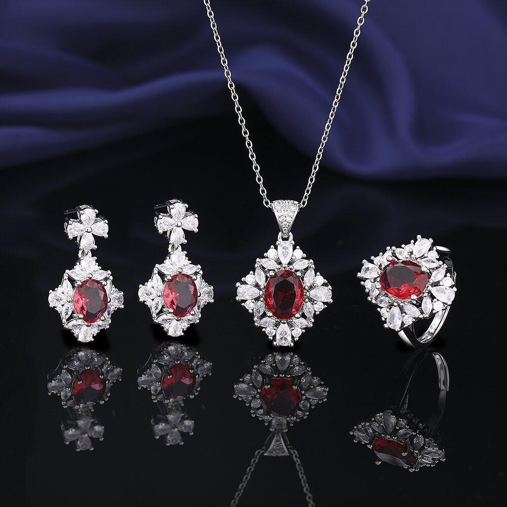 Bridal Jewelry Set High-end Crystal Faux Ruby Necklace Earrings and RingsThree-piece Set Ring Size:Adjustable