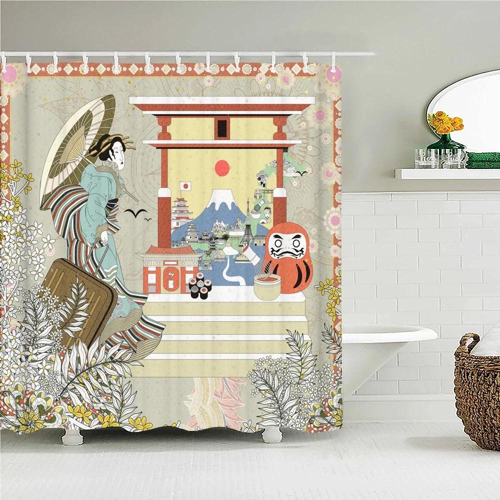 Rideau de douche imprimé Mont Fuji 3D et fleurs style japonais avec crochets Paysage naturel Décoration de maison Rideaux de salle de bain
