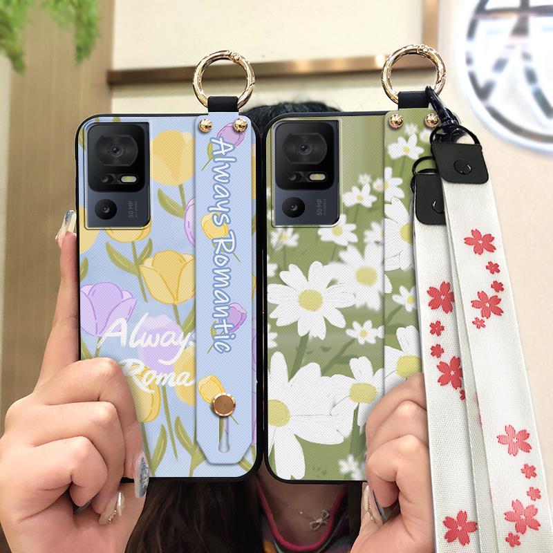 Lanyard Anti-knock Phone Case For TCL 40SE/T610K Dirt-resistant Flower Silicone Protective Ring Oil Painting Shockproof
