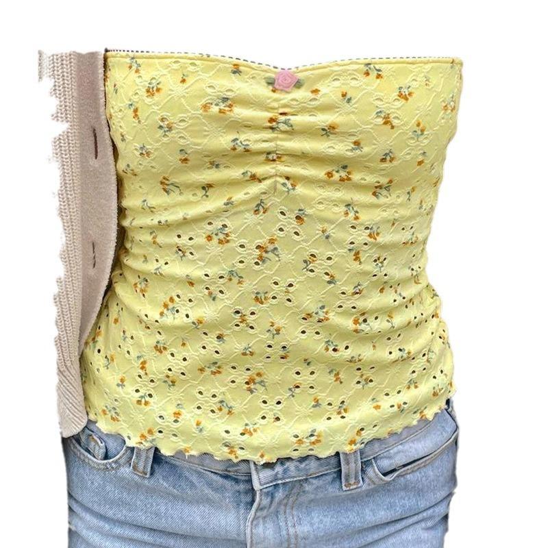 Floral Lace Splicing Pleated Slim Tube Top Girl Thin Inner Top