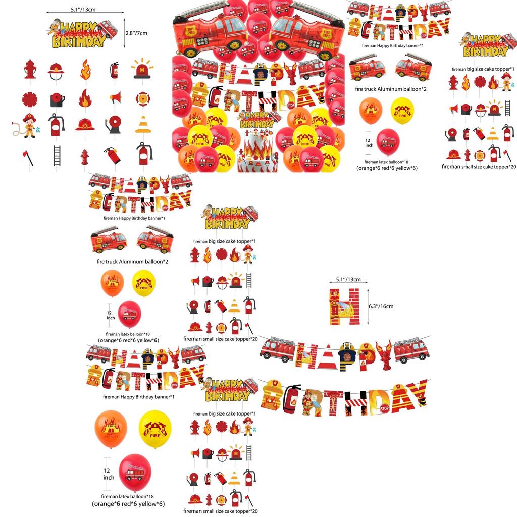 Paper Crafted Fire Truck Scene Decor Set With Aluminum Foil Balloons And Banner