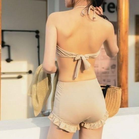 3 Pcs/Set Women Swimsuit Spaghetti Strap Halter Neck Solid Color Pullover Beach Cover-up for Holiday