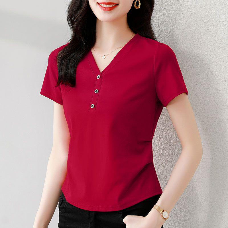 

2025 Stylish V-neck Slimming Petite Short Sleeve T-shirt L (95-110 lbs)