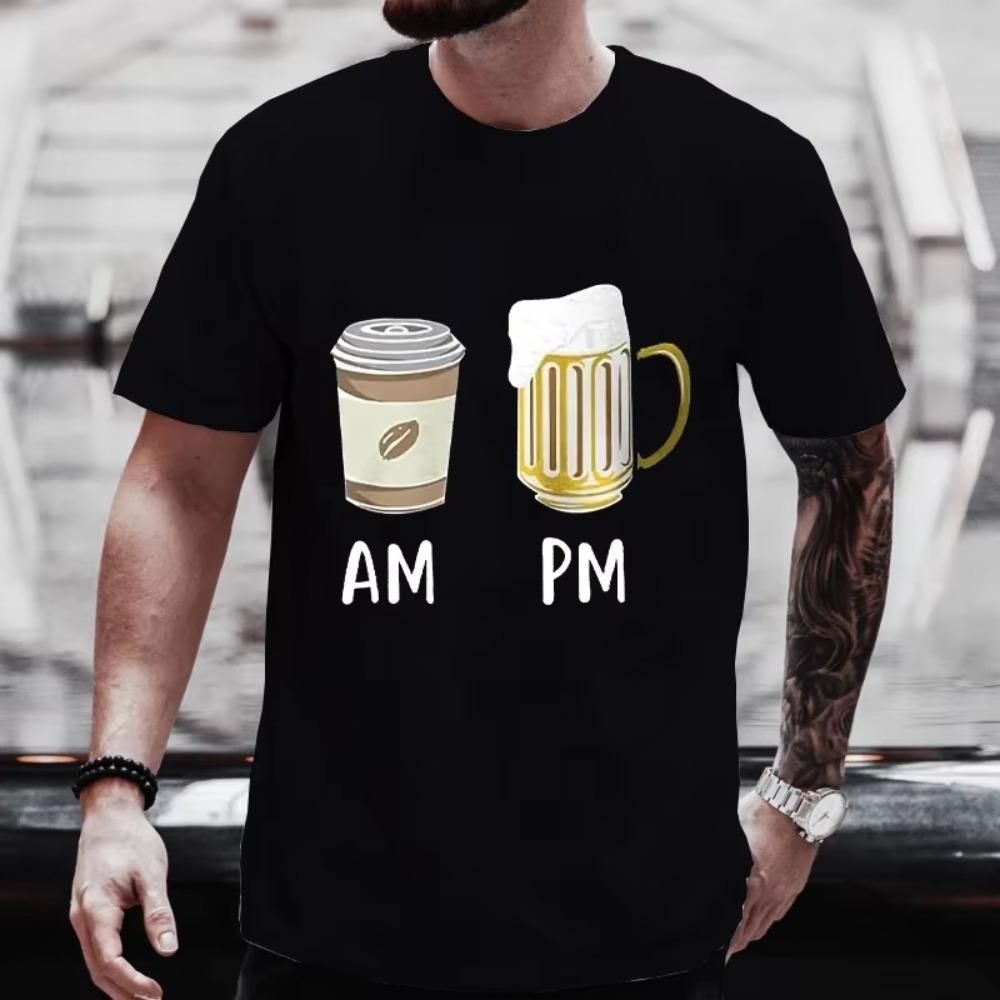 

Футболка с рисунком Coffee AM Beer PM для мужчин, летние футболки с коротким рукавом для любителей пива, вечеринки, свободная одежда Y2k, уличная одежда XXXXXL