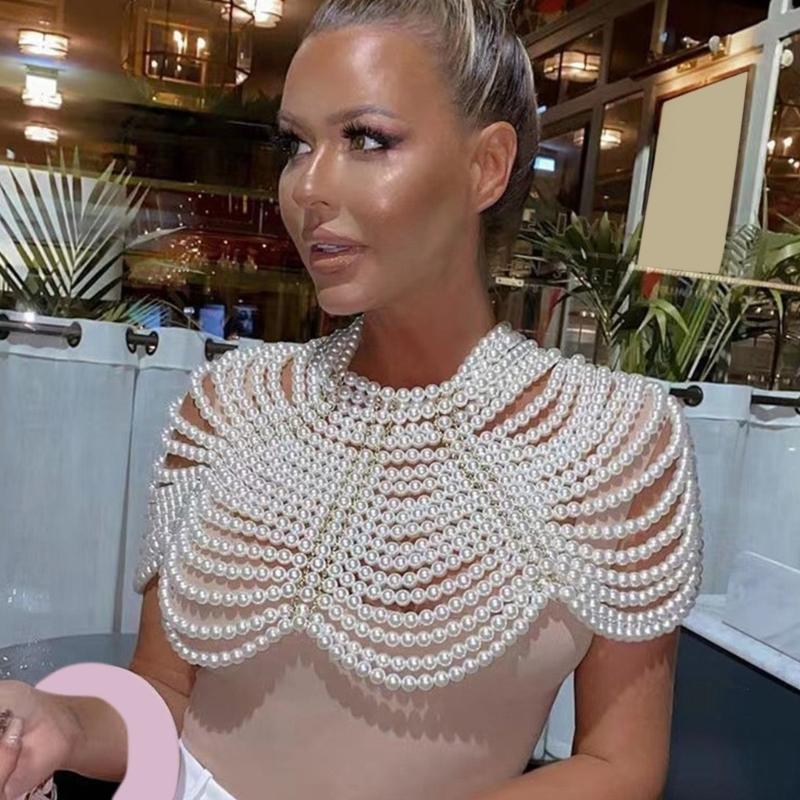 Exquisited Chest Chain Imitation Pearls Tassels Layered Necklace Shawl Beaded Body Jewelry for Elegant Evening Parties