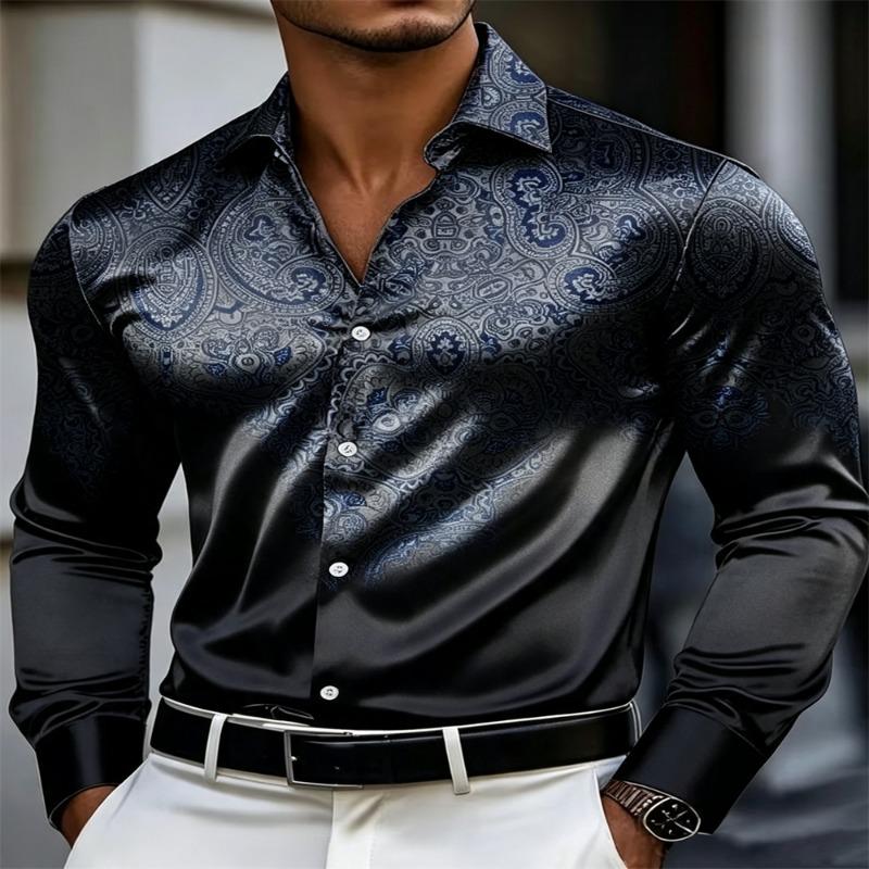 Men Luxury Satin Paisley Jacquard Shirt Long Sleeve Slim Fit Button Up Dress Shirts Male Business Wedding Party Banquet Formal