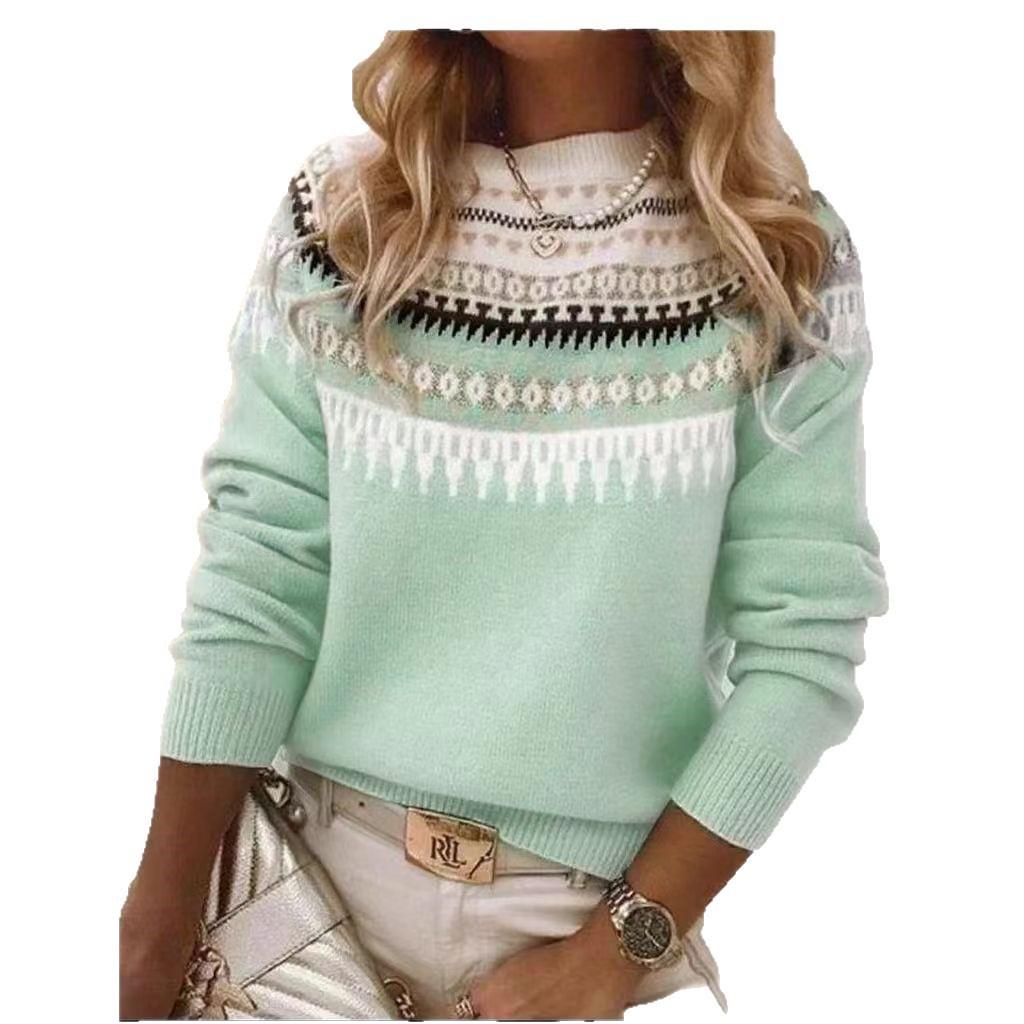 Winter Round Neck Color Blocked Loose Fashion Pullover Knitted Sweater Top For Women