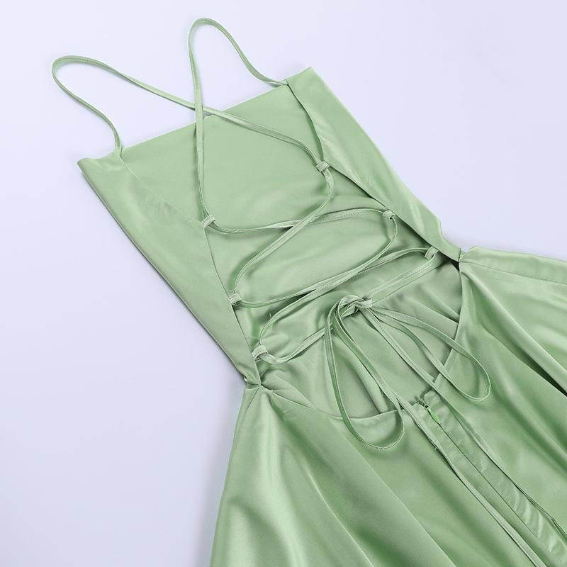Summer New European and American Sexy Elegant Slim Sling Sling Satin Backless Strap A Swing Dress Women