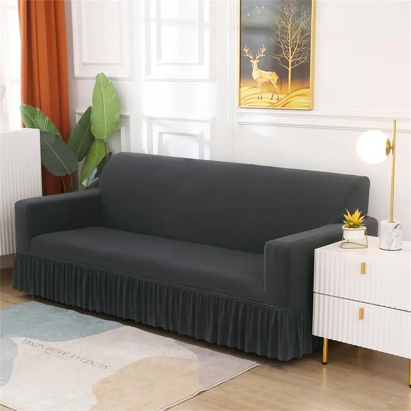 Solid Color Elastic Sofa Cover With Skirt Home Decor Non-slip Slipcover Furniture Couch Protector Cover