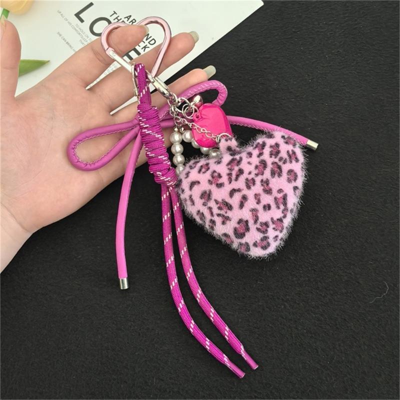 Stylish Leopard Print Plush Keychain Adorned With Artificial Leather Heart Bag Charm for Women Fashion Accessories