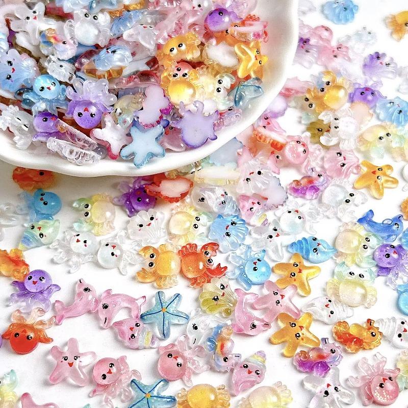 40/70 cute resin mini sparkling ocean themed decorative accessories, including octopus, dolphin, starfish, crab, seahorse, shell