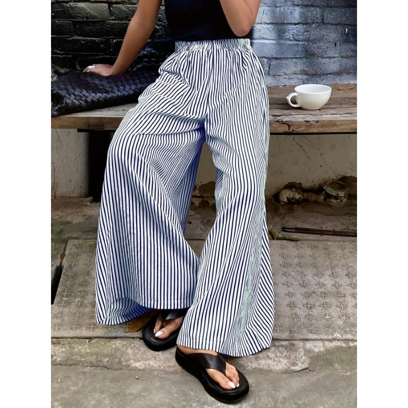 Fashion Striped Elastic Waist Straight Leg Wide Leg Pants Women Elegant Casual Loose Long Pants Spring Autumn Printed Simple Clothing