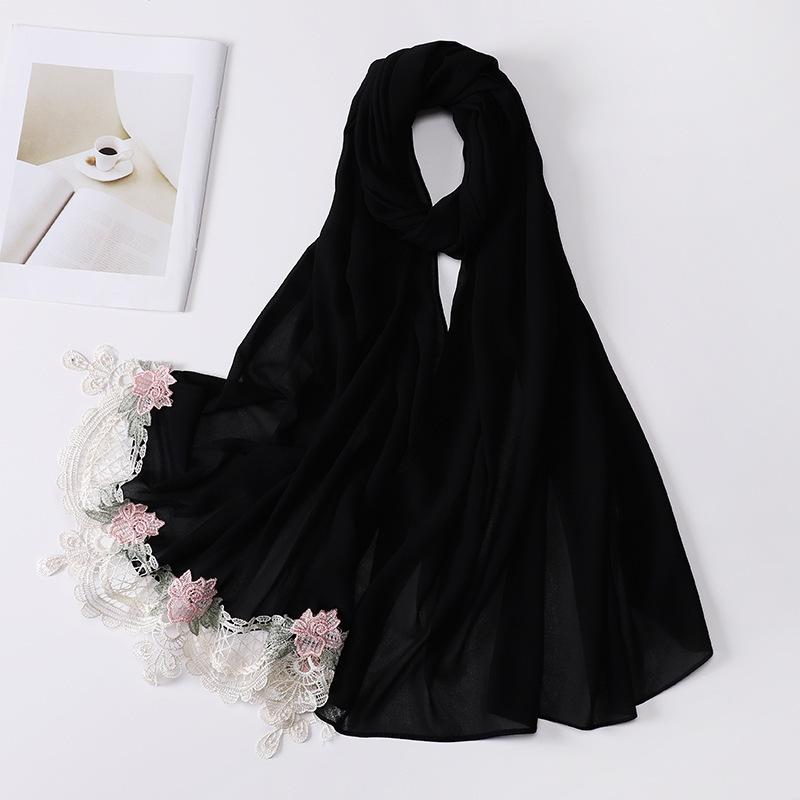 New Premium Pearl Chiffon Hijab Long Shawl Embroidered Lace Floral Muslim Women Wrap Headscarf 70X175Cm Abaya Islam Turban Femme