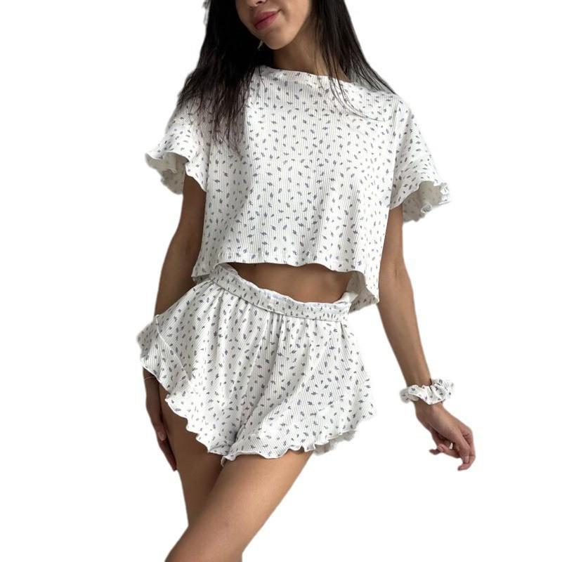 Summer 2025 Women's European & American Ruffle Short Sleeve Pajama Set: Printed Crew Neck Top & Shorts