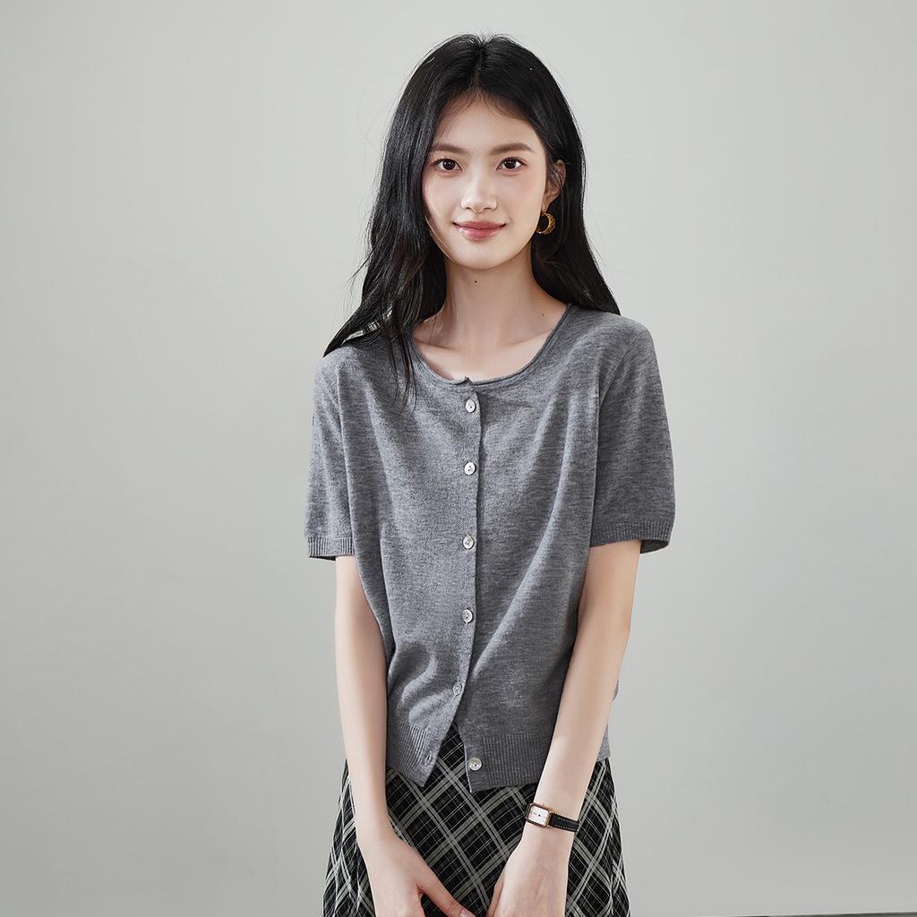 100% sheep wool round neck short sleeved wool sweater for women 2026 spring and autumn casual versatile short knitted top