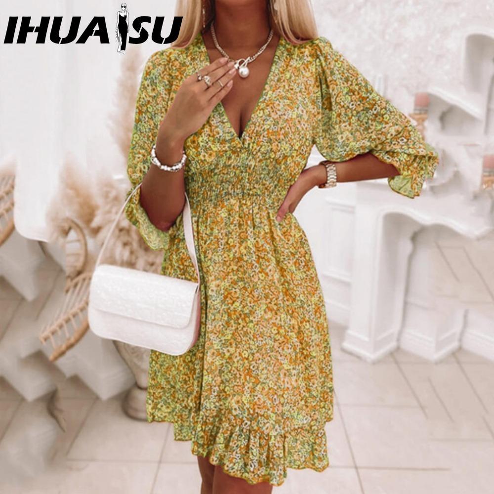 IHUASU Summer Floral Print Mini Dresses Women Vintage Sexy A-Line V-Neck Half Sleeve Party Dress Female Casual Elegant Beach Dress