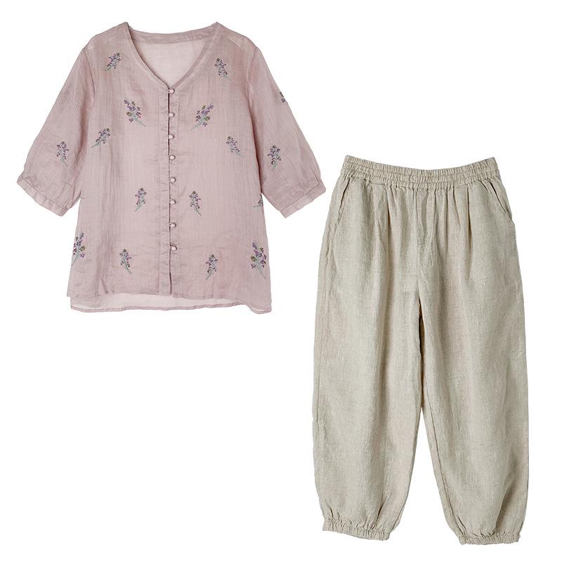 Women's V-Neck Cotton & Linen Embroidered Shirt with 5-Point Sleeves - New Chinese Style, Loose Fit, Versatile for Summer.