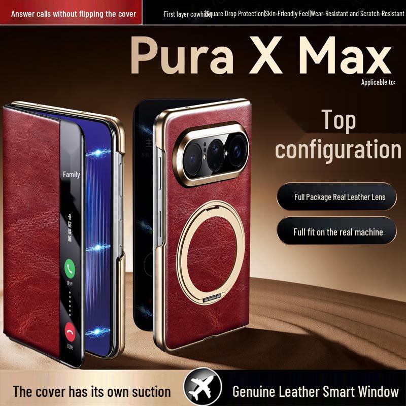 Funda Plegable para Teléfono Huawei Pura X Max de Cuero Genuino con Soporte Giratorio, Protección Magnética a Prueba de Caídas de Cobertura Total