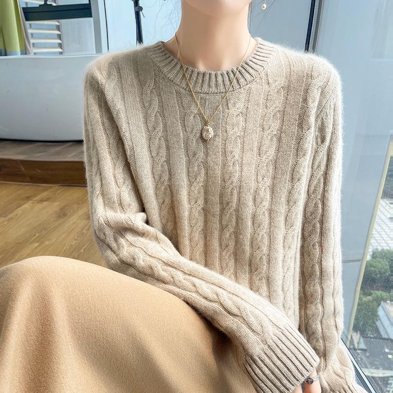 Autumn Winter Women's Thick Cashmere Round Neck Pullover - Retro Cable Knit Soft Sweater